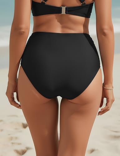 Blooming Jelly Womens High Waisted Bikini Bottoms Tummy Control Swim Bottom Ruched Full Coverage Modest Swimwear(Black,Large)