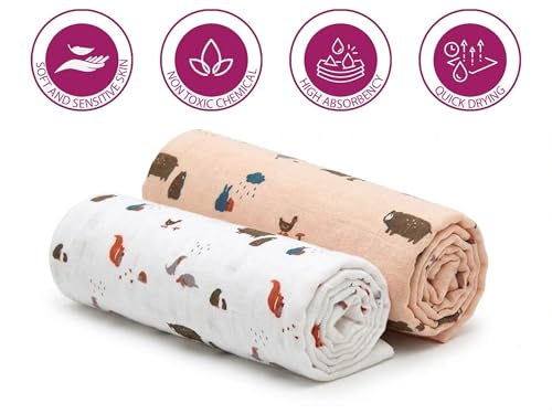Image of Trance Home Linen Super Soft 100% Cotton Flannel Swaddle Cloth I Swaddle Wrap | Swaddle for New Born Baby |Baby Shower Set (90x90 cm, Jungle White Peach,Pack of 2)