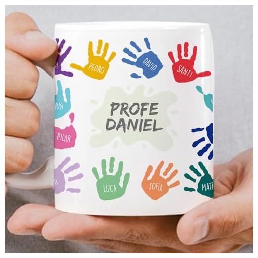 Transparent Gift Taza Personalizada con Nombres y Texto Manos Colores. Regalos Originales para Profesores, Profesoras. Tazas Personalizadas para Regalar de Cerámica. Regalos Personalizados para Profes