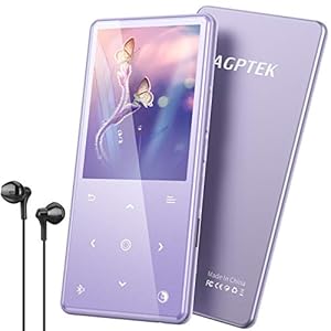 AGPTEK 2,4-inch Bluetooth MP3-speler met ingebouwde luidspreker, 16 GB HiFi-muziekspeler met audiokabel, FM-radio en opname, ondersteuning tot 128 GB, purper