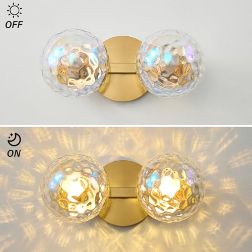 Image of Gold Globe Wall Sconce,Vanities Lights with 2 Stained Glass Shades | 6 inch Modern Spherical Vanity Sconces,Contemporary Small Brass Ball Lights Fixture for Entryway Bedside Bathroom,E26 Base