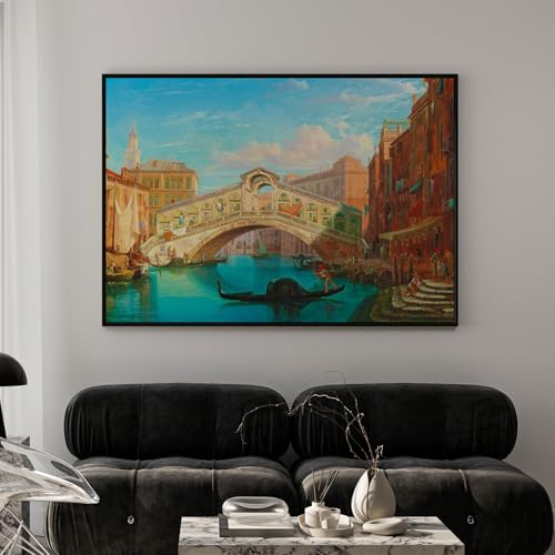 Image of ARTCREST Venice View of the Rialto Bridge Canvas Wall Painting | Large Black Framed Landscape Wall Art for Living Room, Office Walls & Hallway Interiors | Decorative Canvas Wall Decor (16x20 Inches)