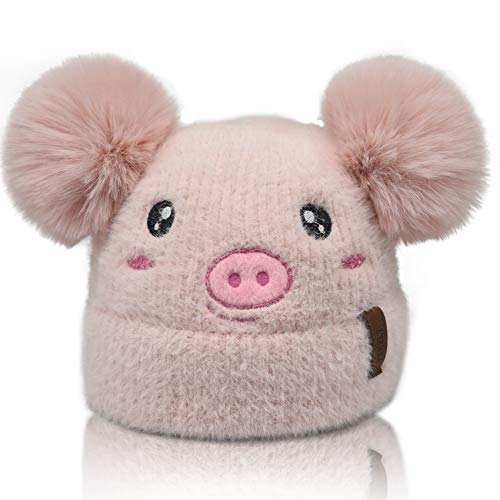 Kids Winter Beanie Knitted Hats For Girls Boys Toddler Baby, Pig Cartoon Animal Faux Fur Double Pom Pom Bobble Warm Soft Fleece Cute Infant Stocking Cap For Children #TOP29