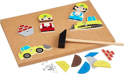 Lena 65828 Hammerspiel, Nagelspiel mit 64 bunten 8 Baustellen Teilen, Grundplatte aus Kork ca. 28 x 19,5 cm, Hammer und Nägel, Klopfspiel für Kinder ab 3 Jahre, Hämmerchenspiel, Mehrfarbig