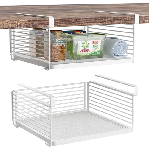 SHINEWON Under Shelf Storage Basket, Hanging Wire Basket with 1.13 Inches Thick Clips for Kitchen, Pantry or Laundry Room, Under Cabinet or Desk Storage Organizer, White, 13.75" L-Mesh Bottom, 2 Pack