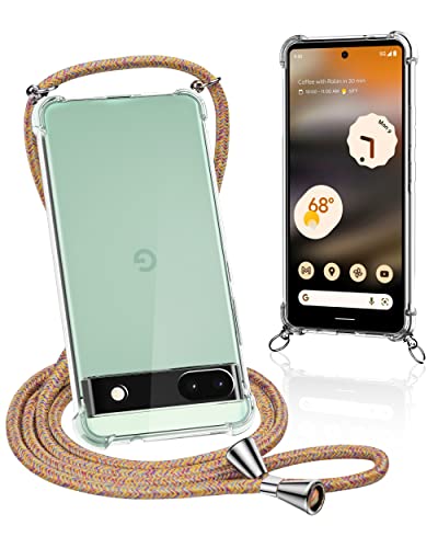 caslord Crossbody Case for Google Pixel 6A,Transparent Soft TPU Lanyard Case with Adjustable Neck Cord Lanyard Strap,Neck Strap Case Compatible with Google Pixel 6A,Rainbow