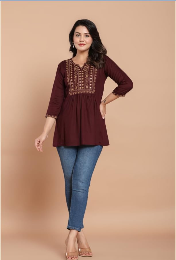 Image of Women Embroidered Anarkali Short Kurti | Stylish Casual Top | Trendy Ethnic Kurti for Women