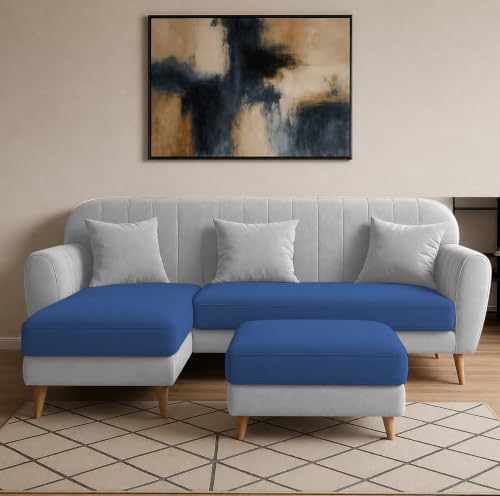 Image of Atticus LHS 4 Seater L Shape Sofa Set with Ottoman for Living Room (Blue Grey Fabric) Premium Fabric Sofa Set