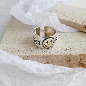 VOMONO BUUKAAI Smiley Face Ring Silver Open Rings Adjustable