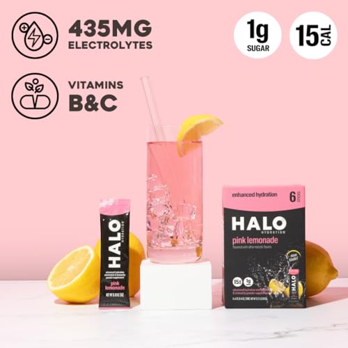 HALO Hydration - Electrolyte Drink Mix | Hydration Powder Packets | Pink Lemonade Flavor – for Sports and Cycling | Easy Open Single Serving Stick | 6 Sticks