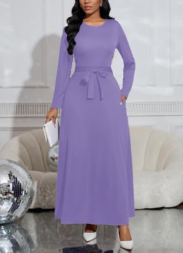 Image of BubFee Long Dress for Women Casual Long Sleeve Dresses Maxi Dress Empire Waist Loose with Belt