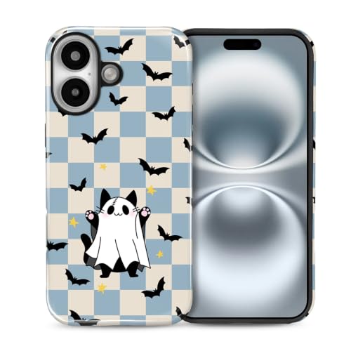 NONMY for iPhone 16 Plus Case,Hybrid 2 Layer Hard Shell Silicone Protective Case - Blue Checkered Ghost Cat - Scratch Resistant Shockproof Cover
