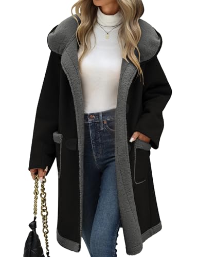 UMIPUBO Women Suede Sherpa Fleece Lined Duffle Faux Leather Coat Mid Length Hooded Toggle Jacket with Pockets, Winter Trendy Warm Outerwear(Black,M)