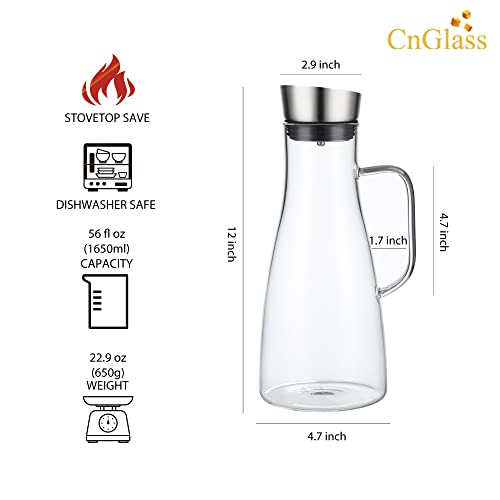 CNGLASS 1.65L Glass Water Jug with Stainless Steel Lid, Heat Resistant Glass Pitcher for Juice,Tea & Beverage - Image 2