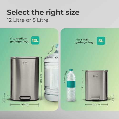 Image of HOFU Stainless Steel Pedal Dustbin with Lid | Soft-Close | Premium Satin Finish | For Home and Office | Size 26 cm x 38.5 cm (12 Litre)