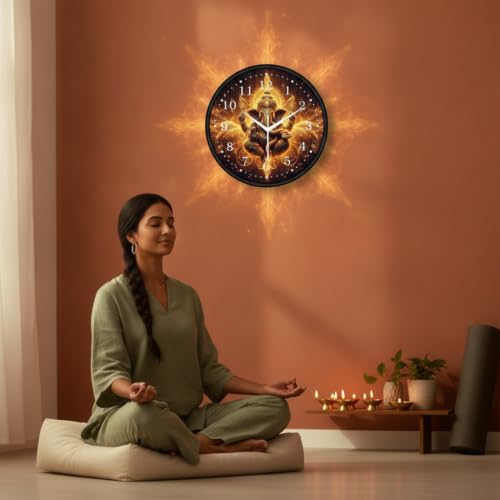 Image of Lord Ganesha Wall Clock for Living Room, Home Decor & Pooja Room | Golden Glowing Ganpati Bappa Analog Designer Wall Clock (Round, 12 Inch, Silent Sweep) | Spiritual Vastu Decorative Gift Item