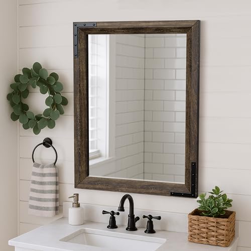 YOSHOOT Farmhouse Bathroom Mirror, Rustic Wooden Framed Mirror, Wood Vanity