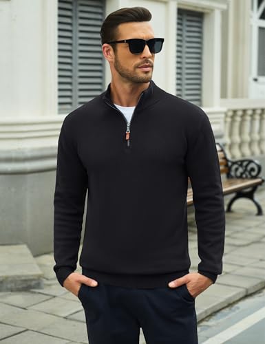 Image of MAGCOMSEN Men's Quarter Zip Pullover Lightweight Mock Neck Polo Sweater Long Sleeve Warm Fall Winter Pullover Sweaters