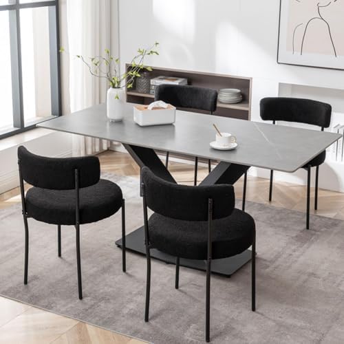Black Boucle Dining Chairs Set of 4, Upholstered Dining Chairs wi...