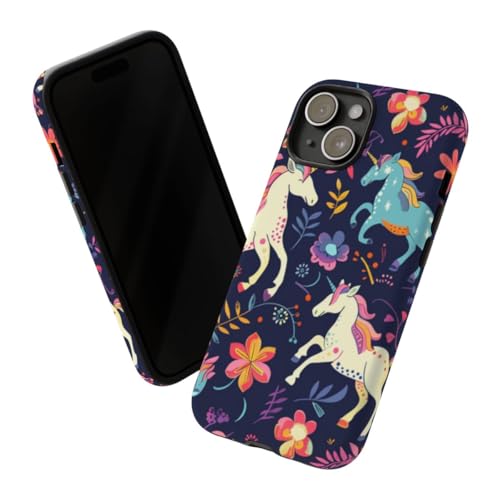 Coque iPhone 15 licorne et fleurs - Protection rigide mate bleu