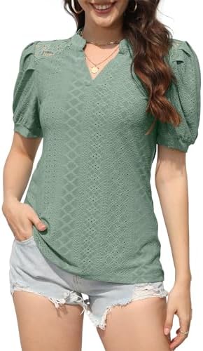 Womens Summer Tops Casual Pleated Puff Sleeve Tops V Neck T Shirts Fashion Loose Tunic Blouse
