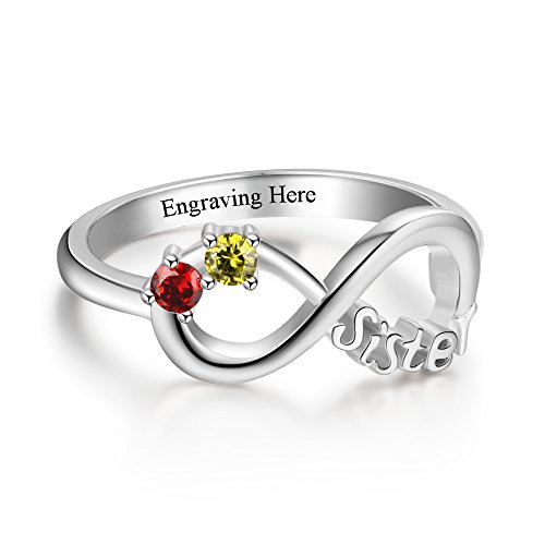 JewelOra Personalized Infinity Sister Ring with 2 Round Simulated Birthstones Best Friends Promise Rings for Her3