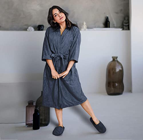 Image of Sassoon Venir Microfiber Bathrobe With Slippers for Men & Women, Unisex Luxury Bathrobe Towel, Spa Robe Combed (Pack of 1) - Denim Color