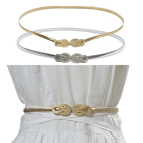 2PCS Women's Elastic Stretch Chain Belt for Dresses, Skinny Thin Gold/Silver Color Waist Belt for Ladies2