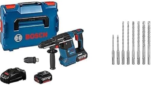 Bosch Professional 18V System Akku Bohrhammer GBH 18 V-26 F (SDS plus, inkl. 2x5.0Ah Akku, Schnellladegerät GAL 1880 CV, L-BOXX 136) + 8 tlg. Hammerbohrer SDS plus Set (für Beton, Zubehör)