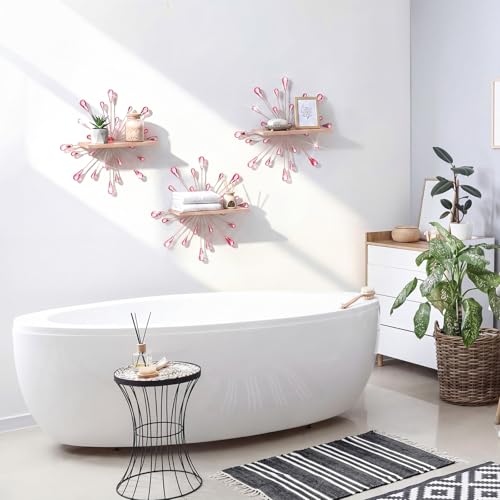 Image of Yaocom 3 Pcs Bling Crystal Floating Shelves Metal Starbursts Wall Decor Folding Shelf Pink Corner Shelves Hanging Wall Mounted for Storage Bedroom Bathroom Living Room Kitchen Office Home Decoration