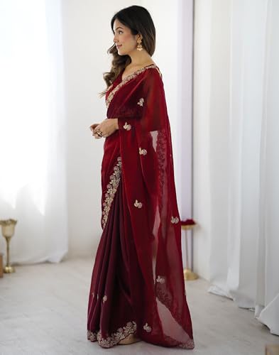 Image of SIRIL Women's Tissue Silk Sequence Embroidery Saree with Unstitched Blouse Piece