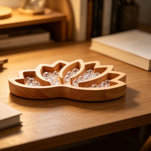 Bandeja de madera de loto contra el desorden de cristales y piedras en la decoración de mesa 6