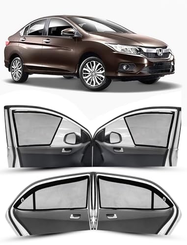 Image of Autofact Magnetic Car Sunshades Compatible with Honda City Idtech (2014 to 2019) (Set of 4) - Easy Installation, UV Protection (Front 2 Half-Cut for Side Mirror Visibility, Rear 2 with Zippers)