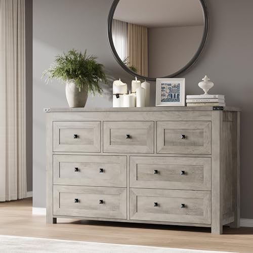 Image of BORNOON 7-Drawer Dresser, Modern Wooden Storage Chest of Drawers, Dresser TV Stand, Wood Drawer Organizer with Metal Handles for Bedroom, Living Room, Hallway