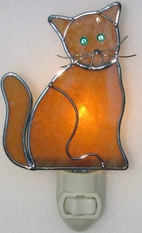 JGS Caramel Tan Cat Stained Glass Night Light with Green Gem Eyes – Silver-Plated Finish – Real Stained Glass – Standard Night Light Base & 5W Bulb Included – from Juhlin Glass Studio