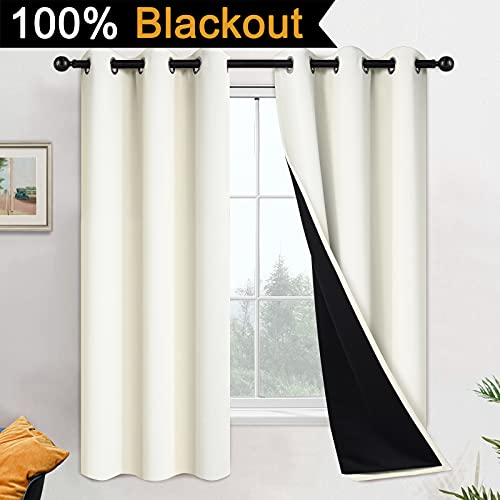 Image of Yakamok 63 Inch Length 100% Blackout Curtains for Bedroom, 2 Thick Layers Thermal Insulated Grommet Total Blackout Drapes with Black Liner for Living Room (42Wx63L,Cream, 2 Panels)