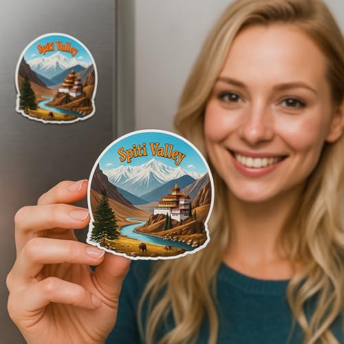 Image of Naxon Spiti Valley Himachal Pradesh Theme Souvenir Wooden Refrigerator Stylish Fridge Magnet - Travel Collectible Gift | Fridge Decoration Magnet for Kitchen & Home Decor | Size 3x3 Inches | Pack of 1