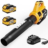 EWORK Leaf Blower Cordless, 20V 550CFM Powerful Electric Leaf Blower with 2 Batteries & Fast Charger, 3 Speed Modes, Lightweight Handheld Blowers for Lawn Care, Patio, Yard, Dust Cleaning - Yellow
