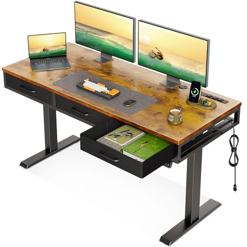 AODK Electric Standing Desk with Drawers, 55 Inch Height Adjustable Desk with Power Outlets, Sit Stand Table, Writing Computer Desk for Home, Office, Workstation, Rustic Brown