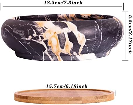 ARTKETTY Succulent Plant Pots, 15.5CM Large Bonsai Pot with Drainage Tray Marble Cactus Plant Pot Ceramic Pots for Indoor/Outdoor Flower Plants Shallow Planter Container Bowl for Home Office Decor
