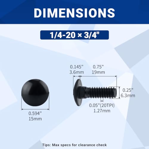 Image of 1 /4-20 x 3 /4 inch Black Carriage Bolts with Nuts and Washers Kits (20 Sets), 304 Stainless Steel 18 /8, Black Finish, Round Head, Square Neck, Heavy Duty Bolts, Indoor Outdoor Fastening Bolts, Fayeploo