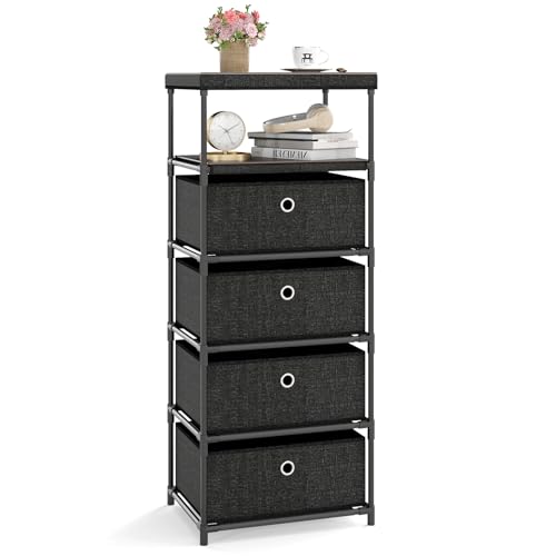 Giantex Dresser with 3/4 Drawers, Fabric Storage Tower with Wood Top & Metal Frame, Industrial Organizer Unit, Chest of Drawers for Living Room, Office, Closet, Hallway & Entryway (5-Tier)