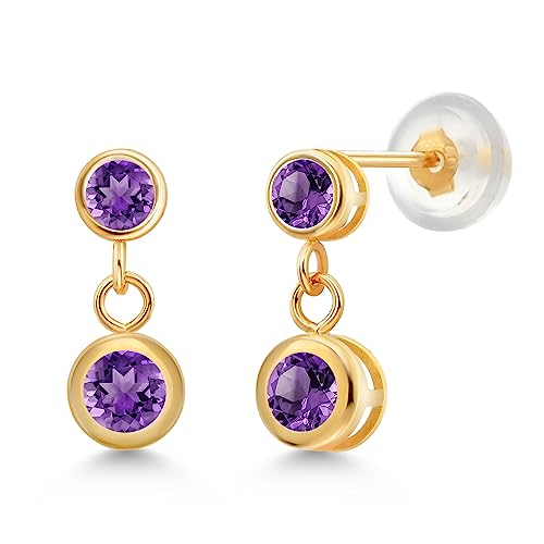 Gem Stone King 14k Yellow Gold Purple Amethyst and Purple Amethyst 2 Stone Dangle Earrings For Women (0.70 Cttw, Gemstone February Birthstone, Round 4MM, Round 3MM)