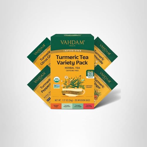 VAHDAM, USDA Organic Turmeric Herbal Tea Sampler (20 Tea Bags, 4 Flavors), Caffeine-Free, Gluten-Free |Turmeric with Citrus, Ginger, Chamomile & Peppermint Tea Variety | Individually Wrapped