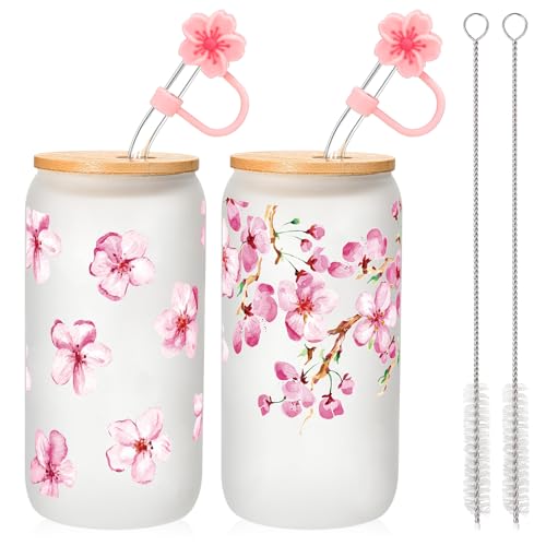 Baderke 2 Sets Cherry Blossom Glass Cup 16 oz Aesthetic Sakura Coffee Cup with Bamboo Lid Straw Cleaning Brush and Flowers Straw Cover Cap for Mothers Day Wedding Birthday Gift(Frosted Style)