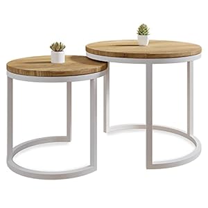 Lumarc Modena, 2er Set Couchtische handgefertigt aus Massivholz Eiche geölt im Industrial Minimalistisch Design, Rund, Ø50×43 cm / Ø40×38 cm