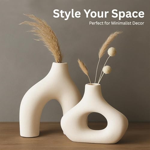 Image of PUREZENTO Abstract White Ceramic Donut Vase 5.4 & 7.7 Inch - Set of 2 | Decorative Unique Modern Vase for Dried Flowers & Pampas Grass | Vases for Modern Home Decor, Living Room, Office Decor Ideas