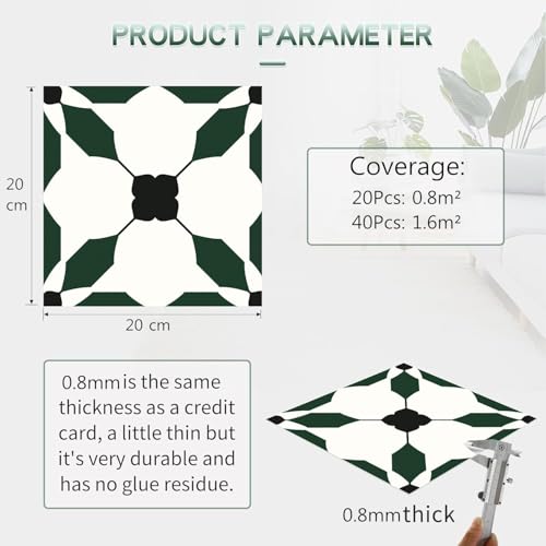 MORCART 20Pcs Floor Tiles Self Adhesive, 20 x 20cm Peel and Stick Vinyl Flooring Waterproof DIY for Bathroom, Kitchen, Fireplace, Pet House, Stairs, Bedrooms, Wall Removable (Black,White,Dark Green)