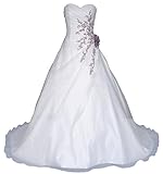 Romantic-Fashion Brautkleid Hochzeitskleid Weiß Modell W020 A-Linie Lang Satin Perlen Pailletten lila Stickerei DE Größe 50
