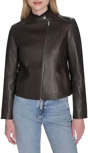 Cole Haan Women&#39;s Long Sleeve Snap Collar Asymetric Zipper Leather Jacket